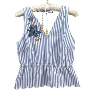 Aylaya Striped Peplum Top Womens XS Embroider Scallop Bead Boho Coastal Nautical